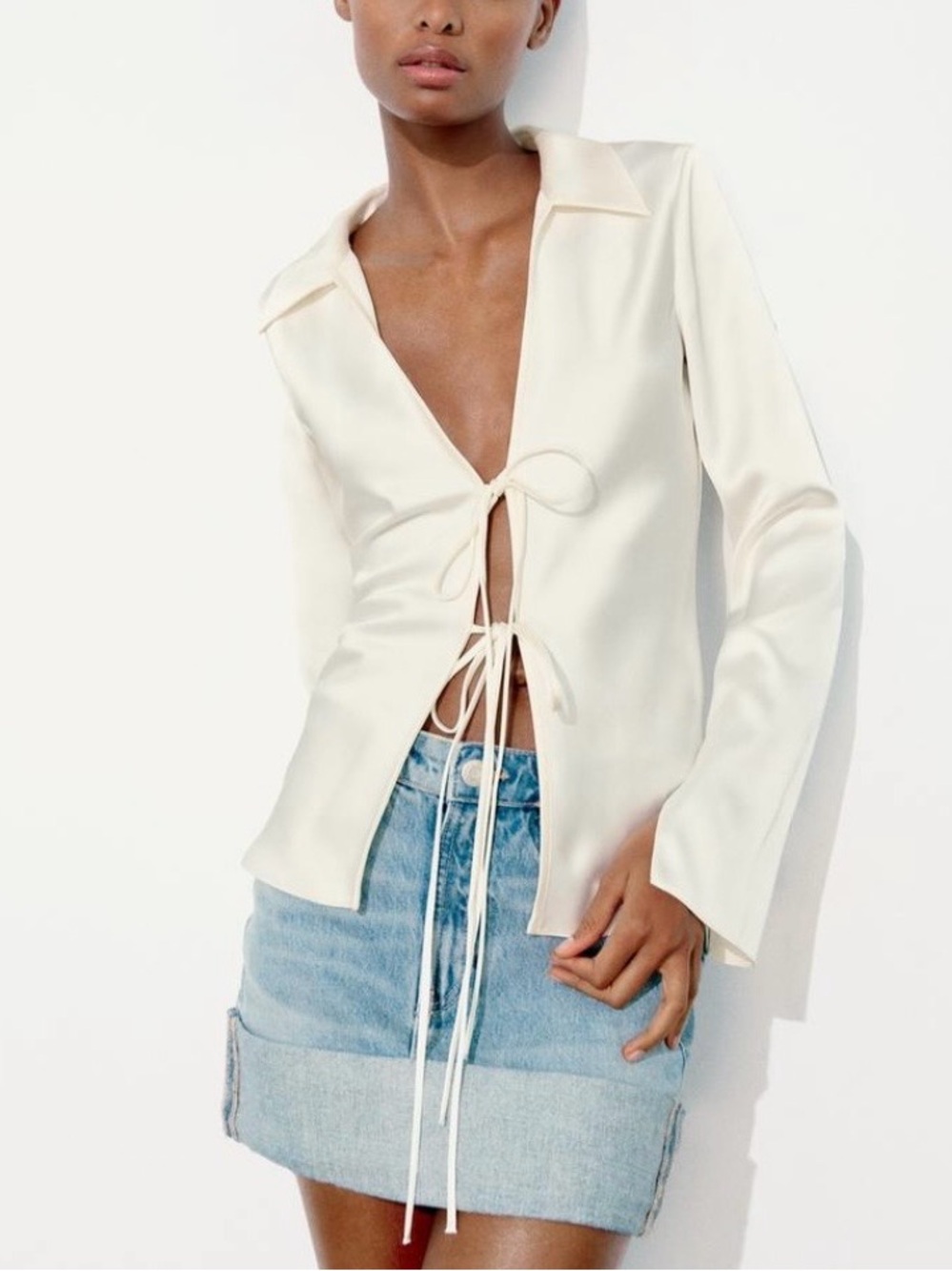 Tie-Front Cream Long-Sleeve Blouse with Collar